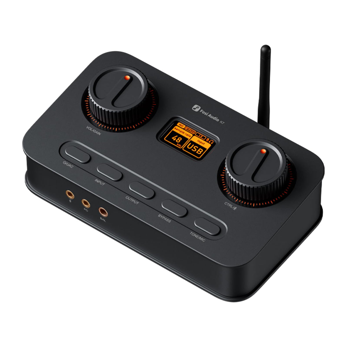 Fosi Audio K7 front panel with dual knobs for precise control in a desktop setup.
