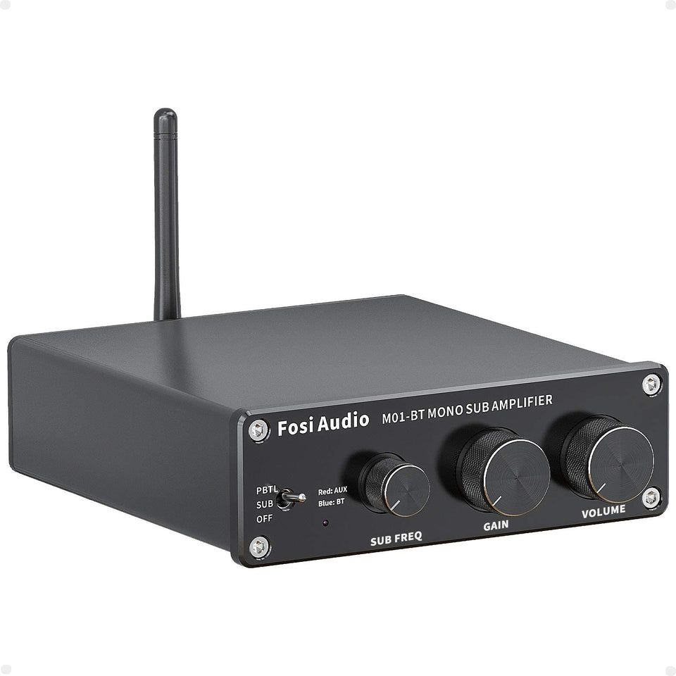 Fosi Audio M01-BT front panel view showing controls for easy setup