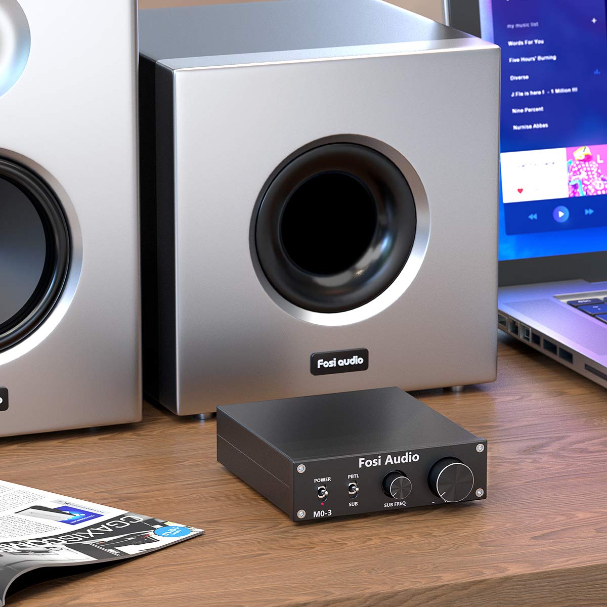 Fosi Audio M03 in full-frequency mode driving bookshelf speakers with mono output.