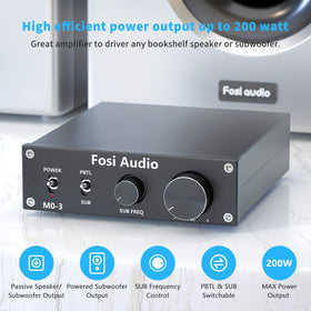 Fosi Audio M03 rear panel with input/output connectors for speakers and subwoofers.