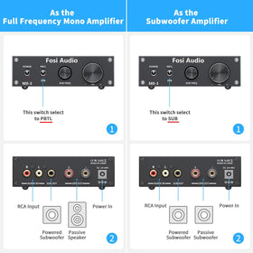 Fosi Audio M03 subwoofer connection area for easy passive or powered sub hookup.