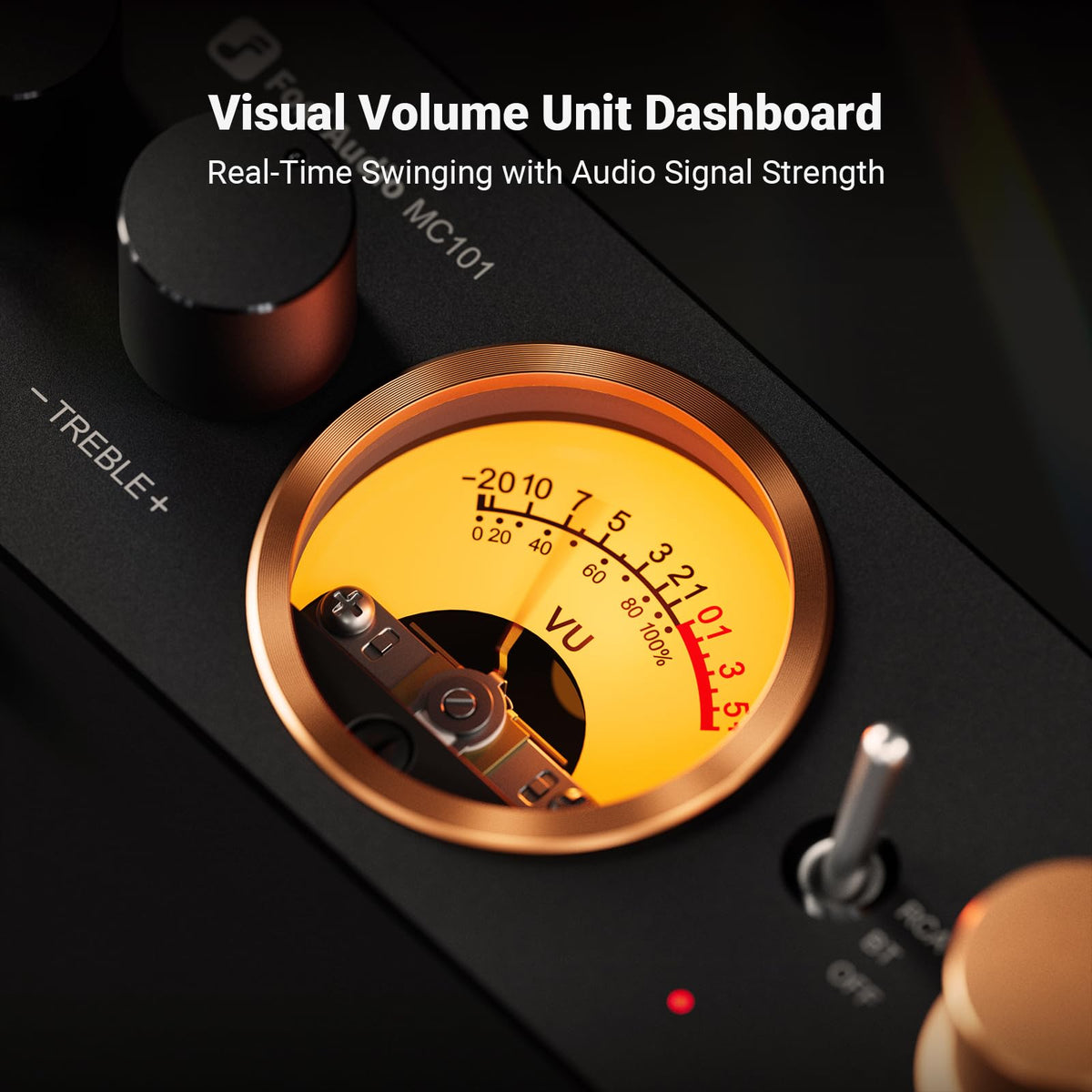 Fosi MC101 tone controls illustrate bass and treble customization for tailored sound