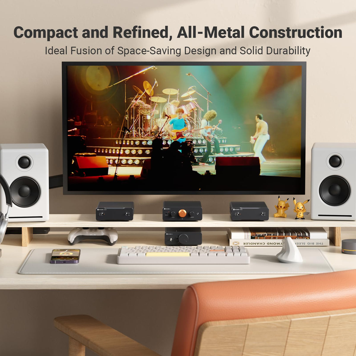 Fosi Audio P4's compact design fits shelves without clutter