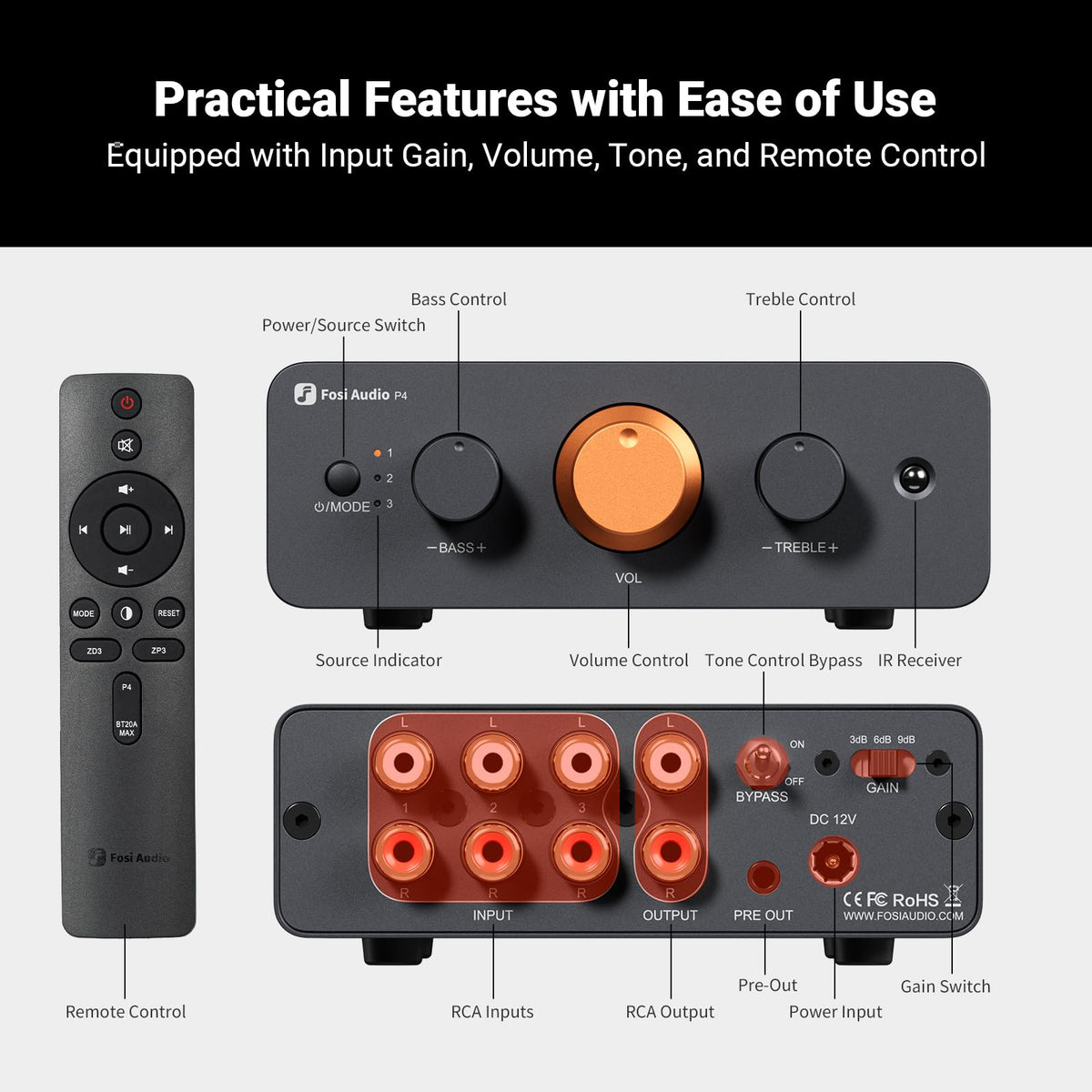 Fosi Audio P4 remote control simplifies quick adjustments during listening sessions
