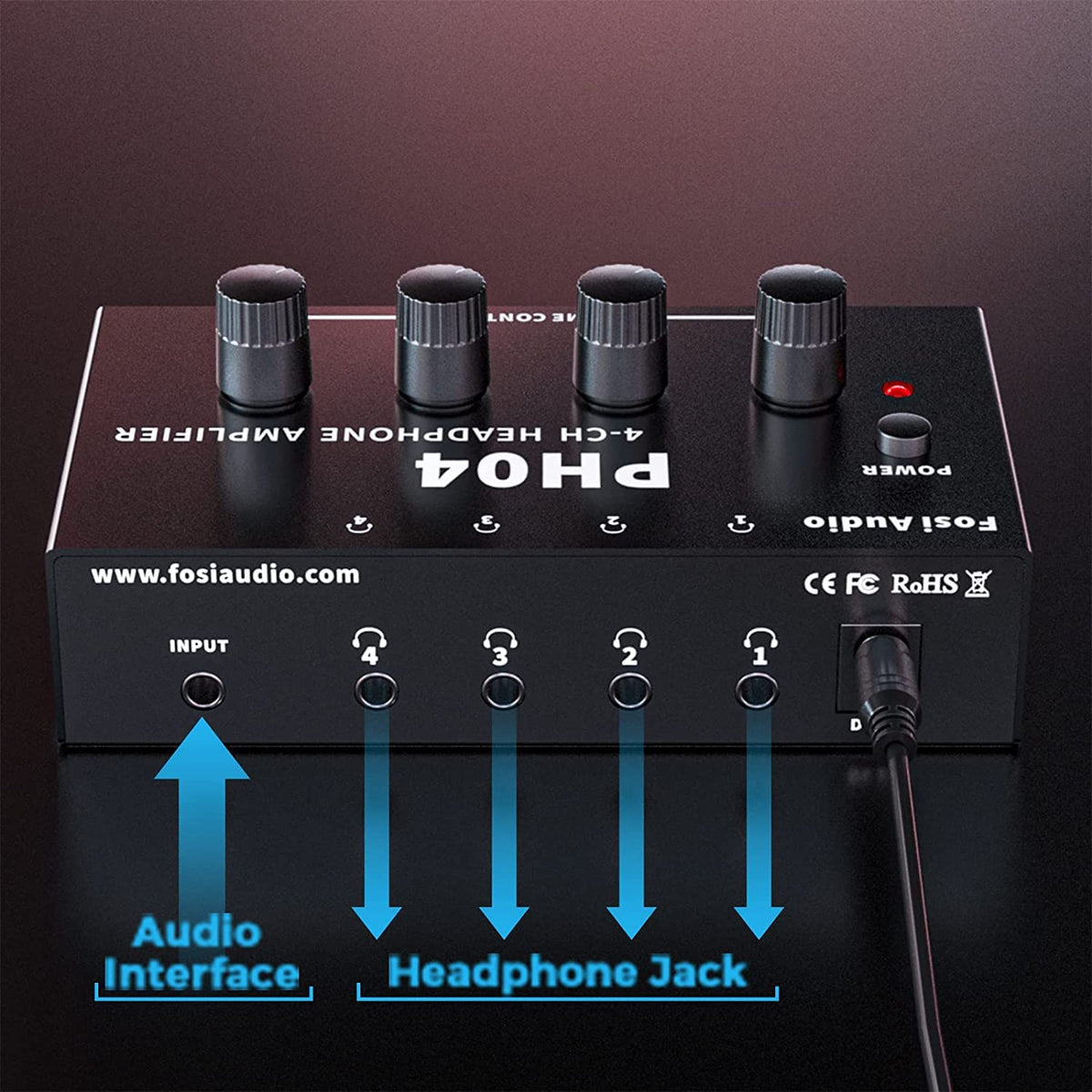 Fosi Audio PH04 back panel showing four headphone outputs and input connectors
