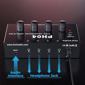 Fosi Audio PH04 back panel showing four headphone outputs and input connectors