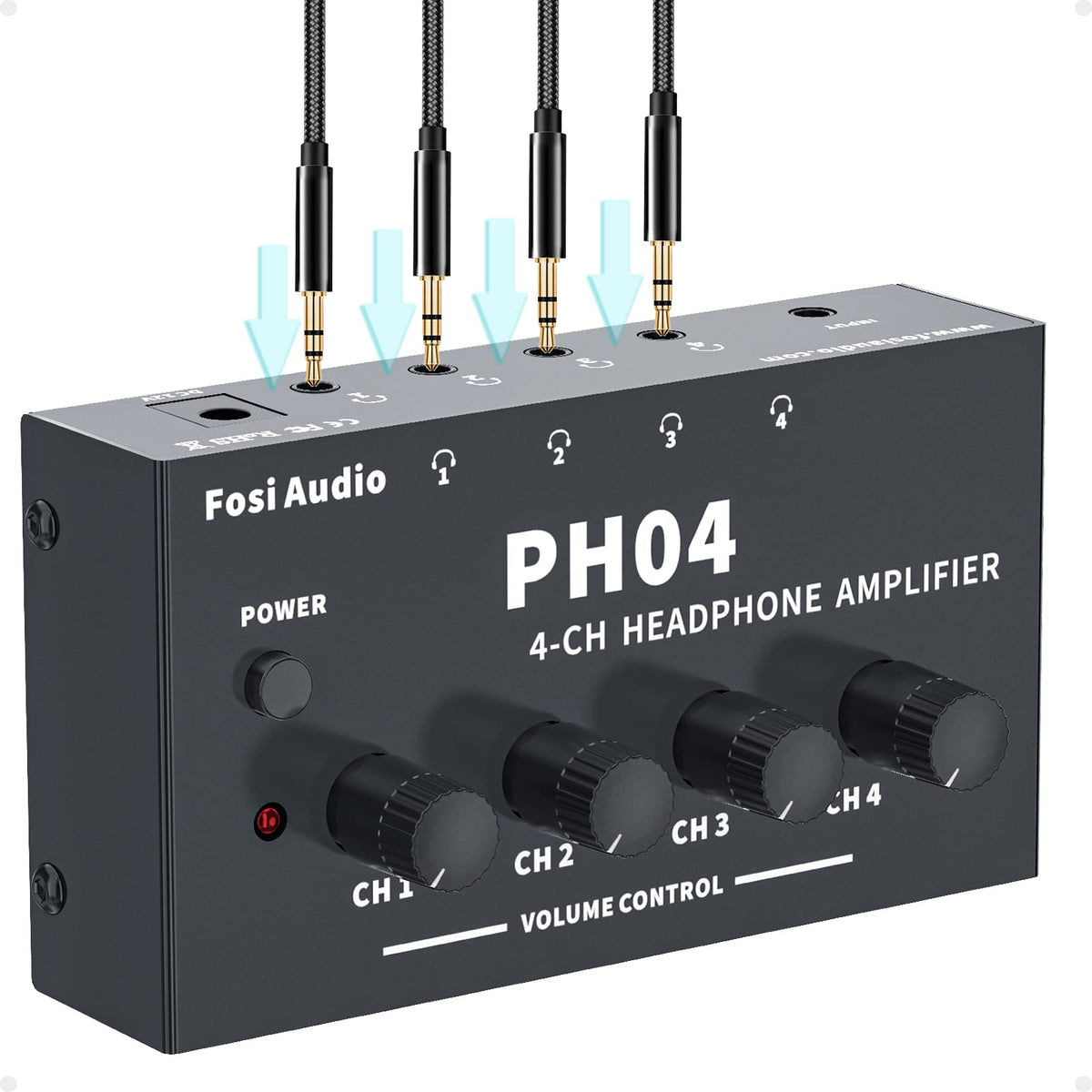 Fosi Audio PH04 front panel with per-channel volume controls for precise monitoring