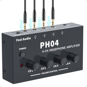 Fosi Audio PH04 front panel with per-channel volume controls for precise monitoring