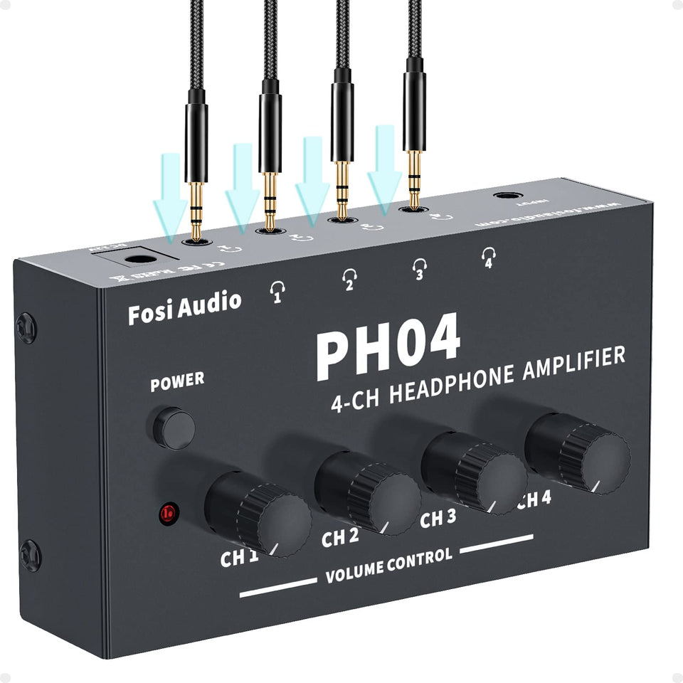 Fosi Audio PH04 front panel with per-channel volume controls for precise monitoring