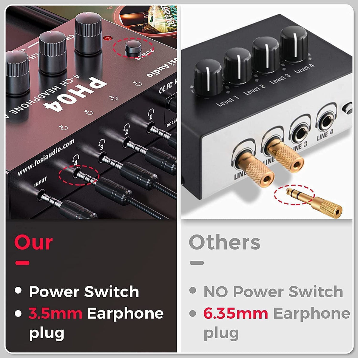 Fosi Audio PH04 close-up of per-channel volume knobs enabling independent listening levels