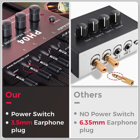 Fosi Audio PH04 close-up of per-channel volume knobs enabling independent listening levels