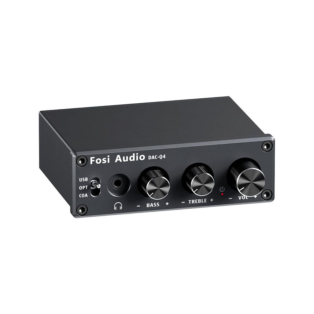 Fosi Audio Q4 front panel view with USB, optical, and coaxial inputs.
