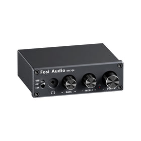 Fosi Audio Q4 front panel view with USB, optical, and coaxial inputs.