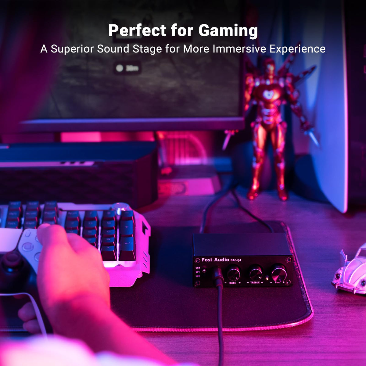 Fosi Audio Q4 USB and optical cables included for easy setup.