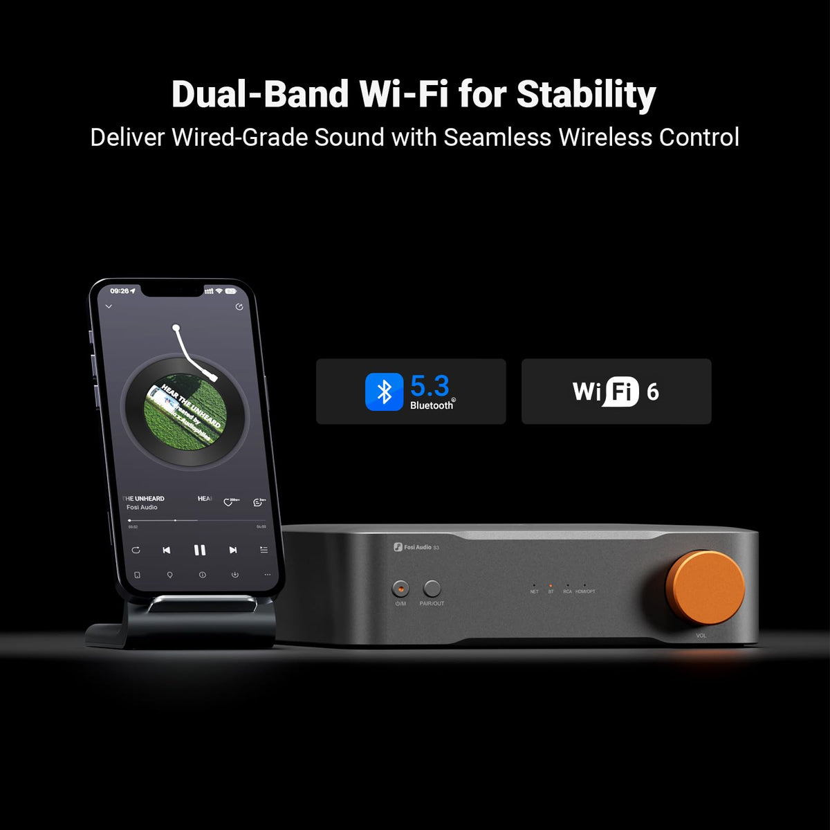 Fosi Audio S3 HDMI eARC connects to TV for integrated audio.