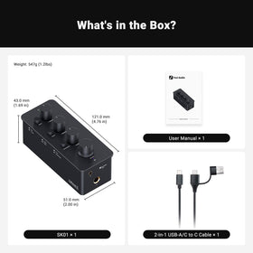 Fosi Audio SK01 in use with headphones for immersive listening.