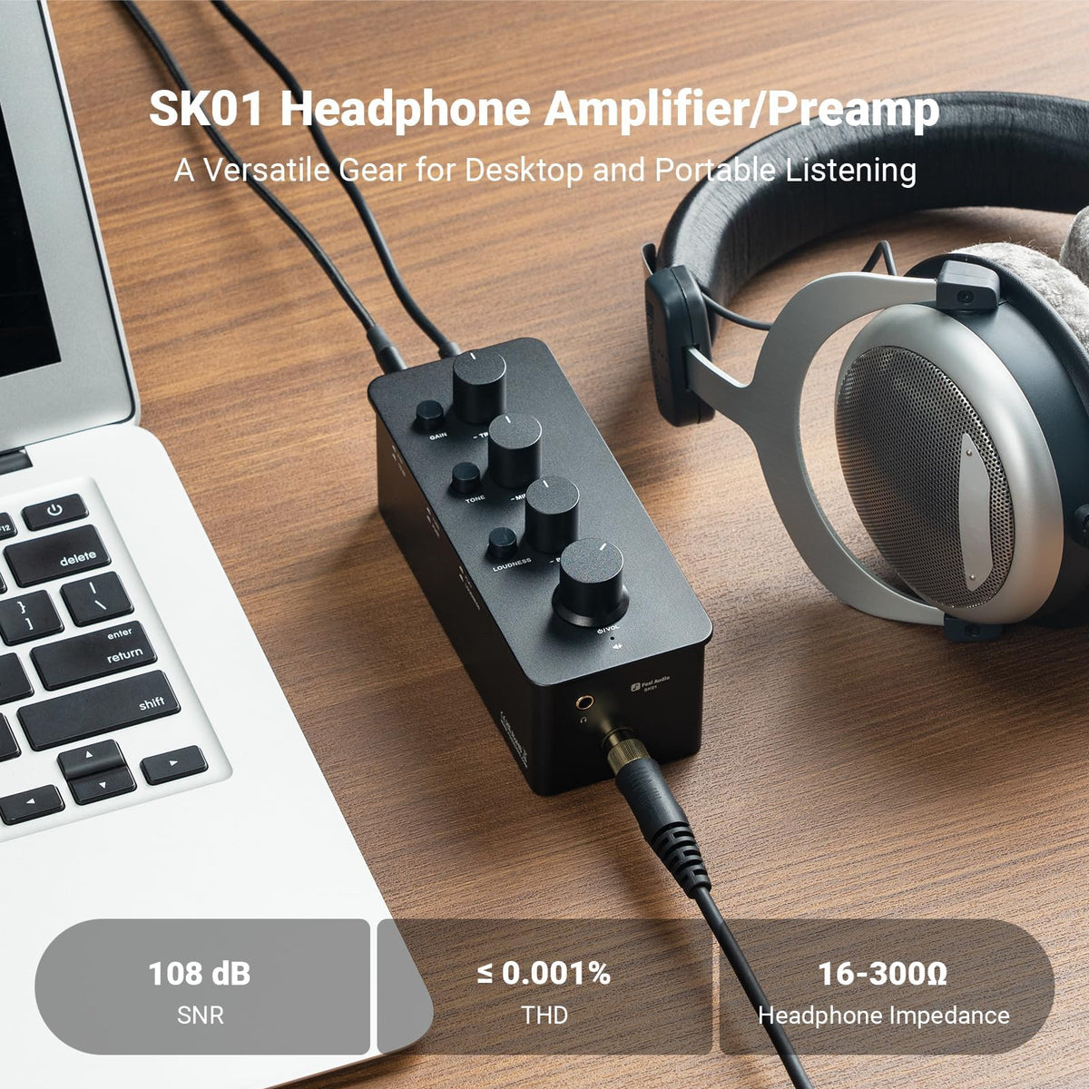 Fosi Audio SK01 knobs and controls for treble mid bass tuning.