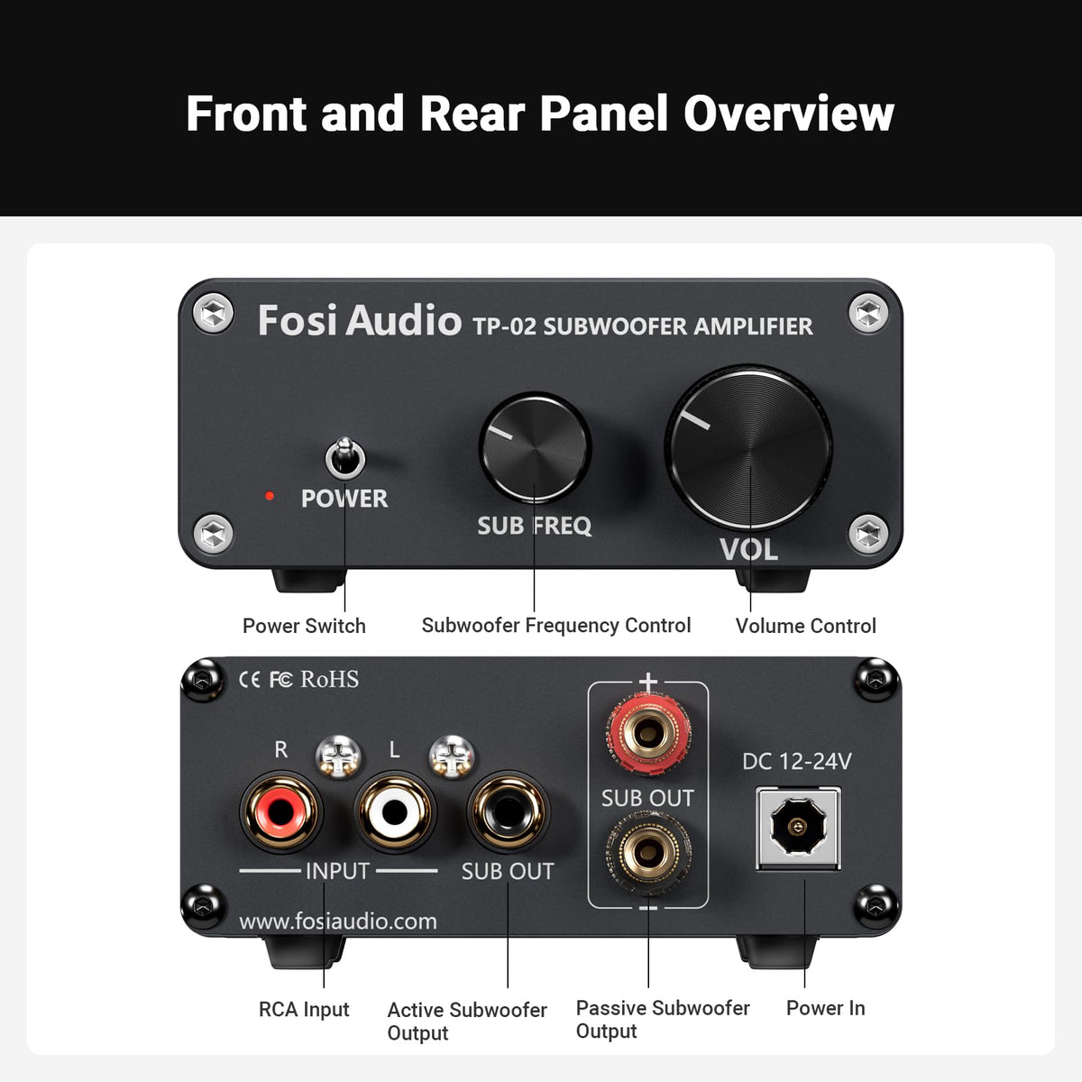 Fosi Audio TP-02 with a passive subwoofer delivering deeper bass for music.
