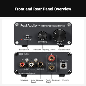 Fosi Audio TP-02 with a passive subwoofer delivering deeper bass for music.