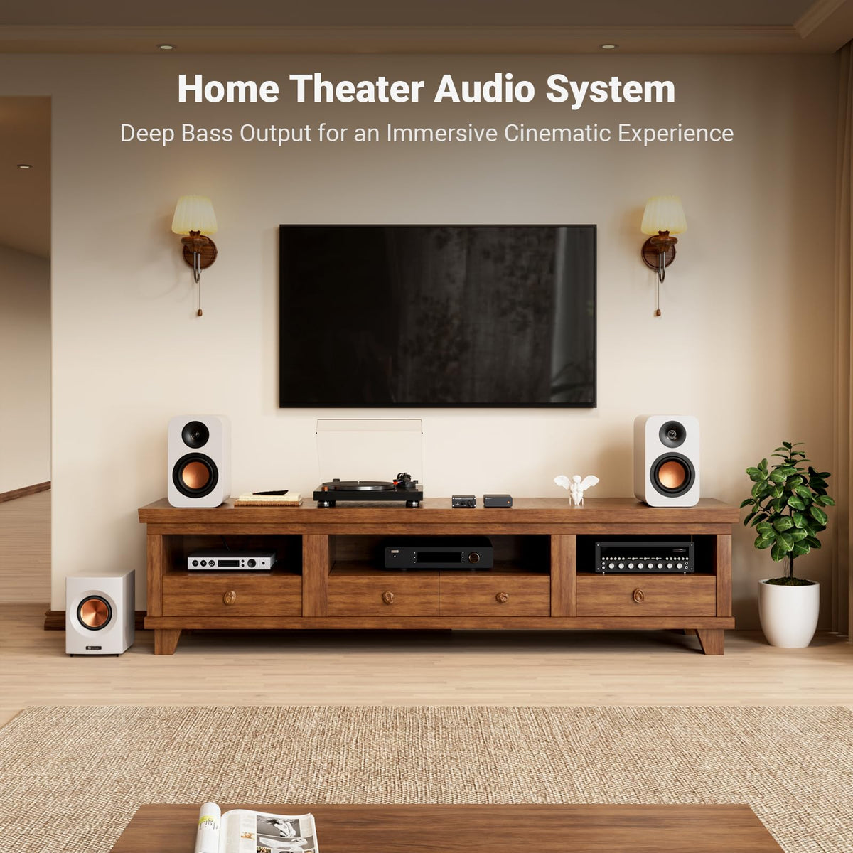 Fosi Audio TP-02 back panel with inputs for easy subwoofer connections.