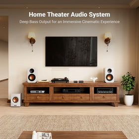 Fosi Audio TP-02 back panel with inputs for easy subwoofer connections.