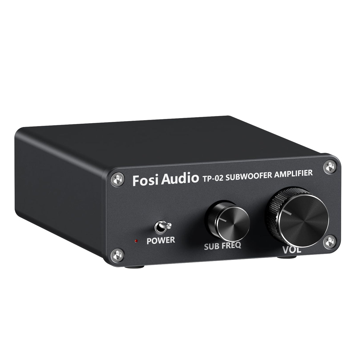 Fosi Audio TP-02 front panel showing precise bass control for home setups.