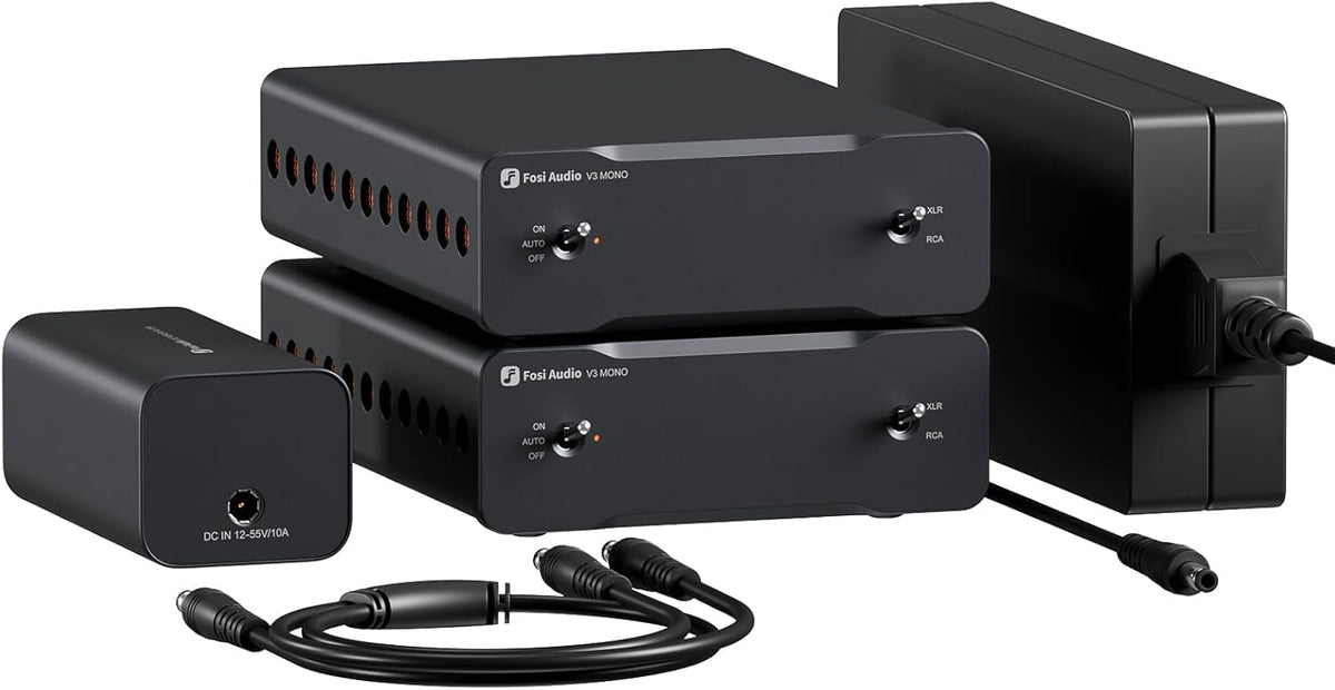 Fosi Audio Two V3 front view, compact mono amp ideal for living room setups.