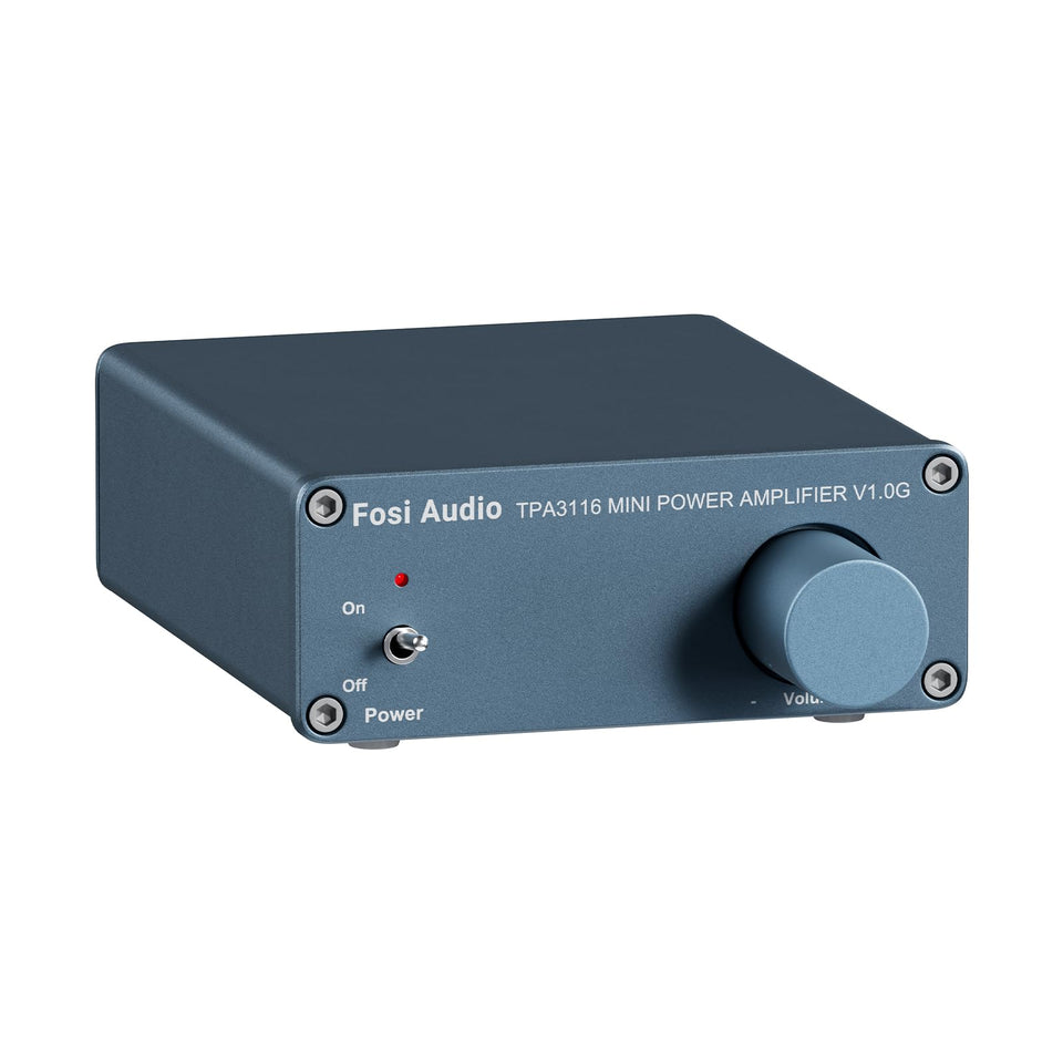 Fosi Audio V1.0G front panel view showing controls and compact size, clear operation benefit