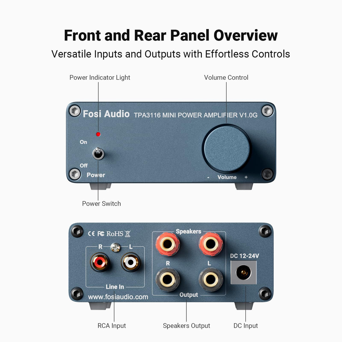 Fosi Audio V1.0G included power supply and AC cord for ready-to-use setup