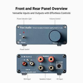 Fosi Audio V1.0G included power supply and AC cord for ready-to-use setup