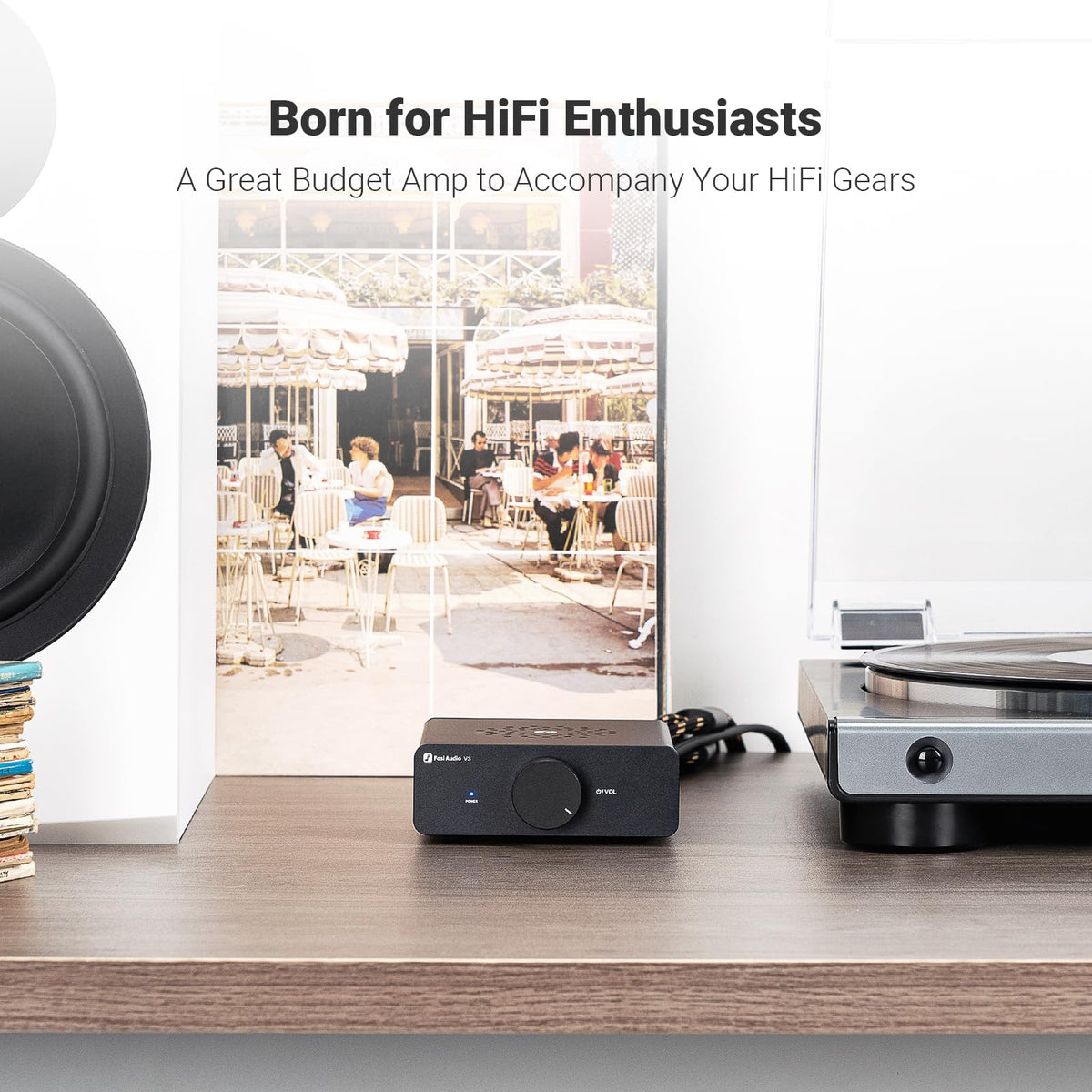 Fosi Audio V3 600W peak power powers bookshelf or tower speakers.