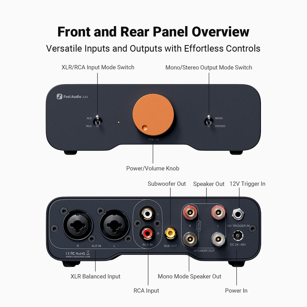ZA3 subwoofer output enabling expanded two-channel or home theater setups.