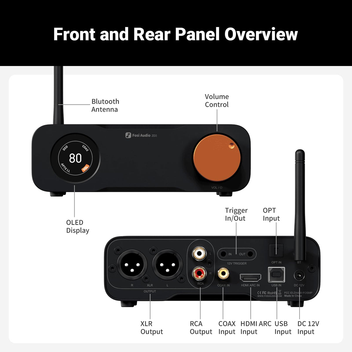 Fosi Audio ZD3 1.5-inch OLED display keeps essential settings visible.