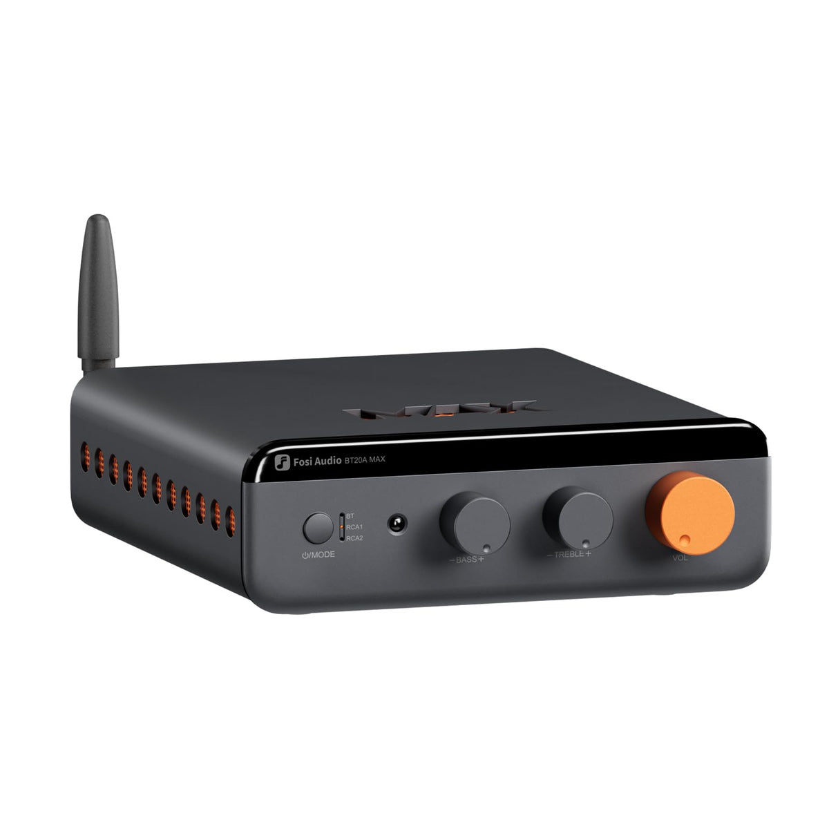 Fosi Audio BT20A MAX front panel with motorized knob for precise control in listening rooms.