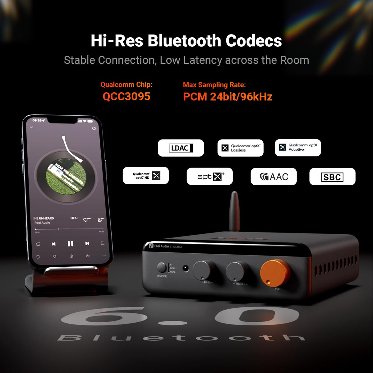 BT20A MAX powering left and right speakers in a 2.1 home setup.