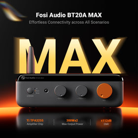 BT20A MAX rear panel showing dual RCA inputs and dedicated subwoofer output for flexible setups.