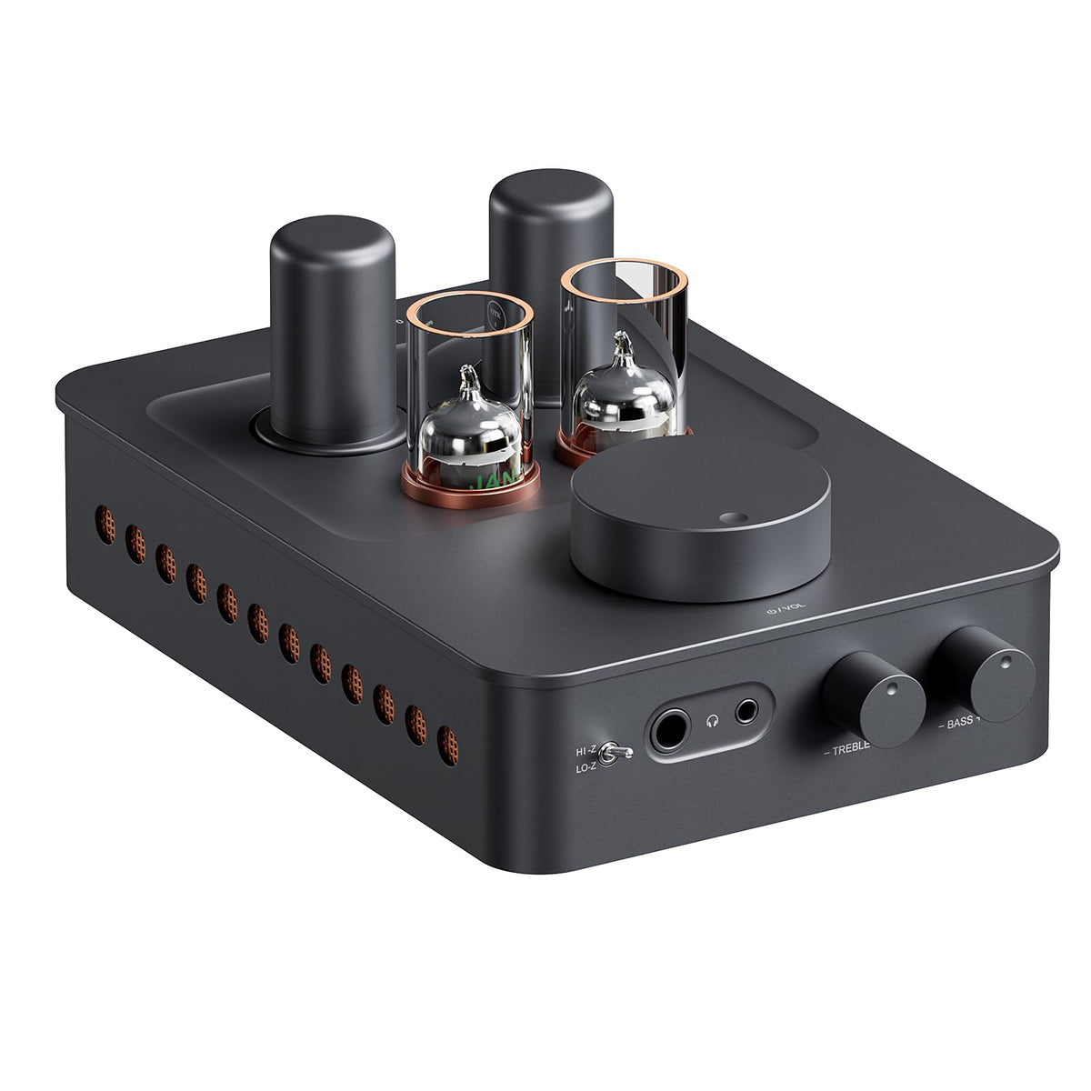 Fosi Audio GR70 front panel, compact design for desktop listening with tube warmth.