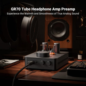 Fosi Audio GR70 tubes illuminated, suggesting warm, vintage-inspired tone for rich sound.