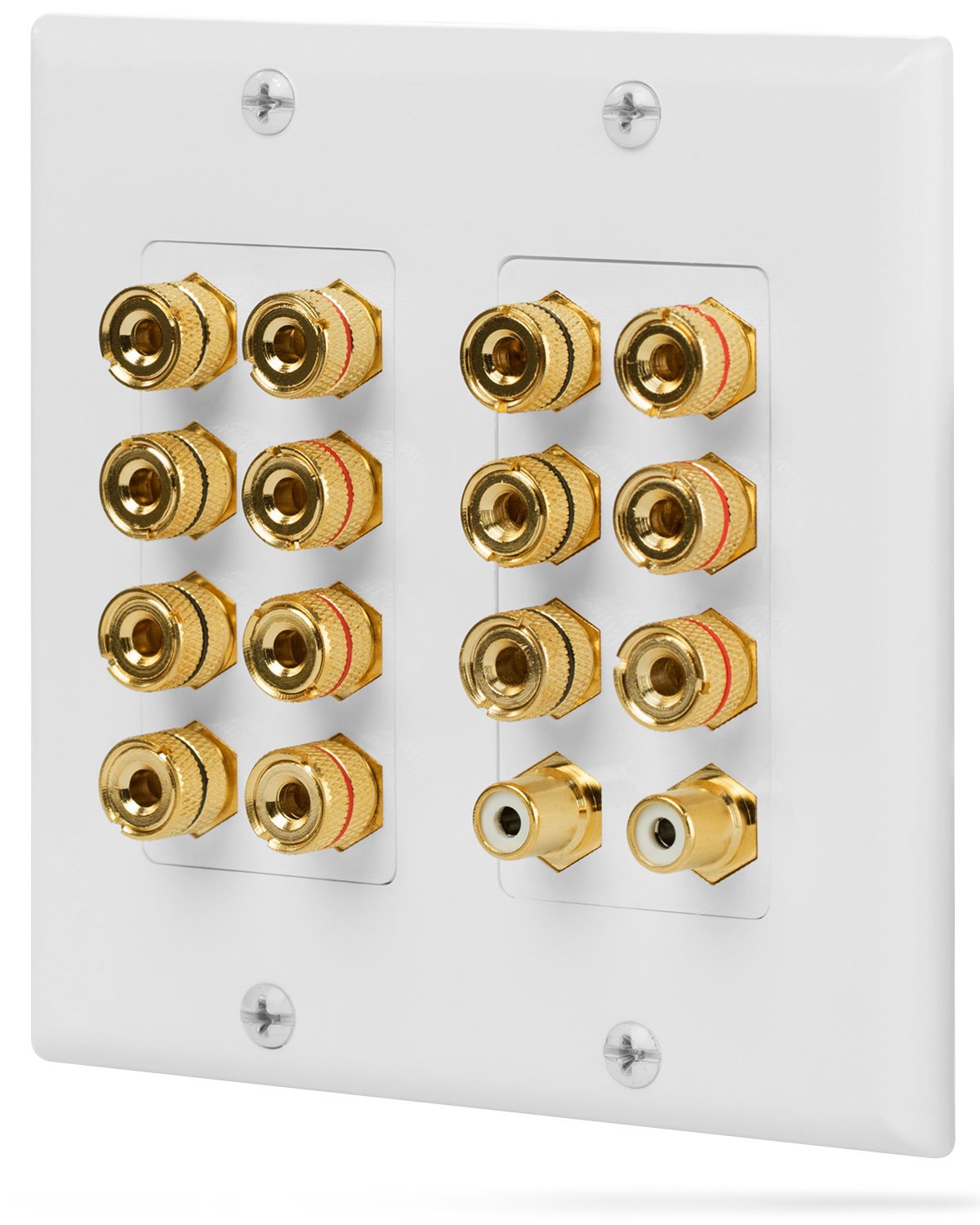 Fosmon 2-Gang wall plate with gold-plated copper binding posts for a tidy multi-speaker setup.
