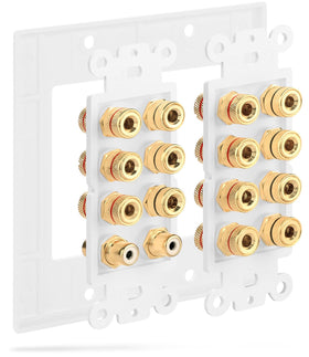 Fosmon wall plate ready for seven-speaker multi-channel setups.