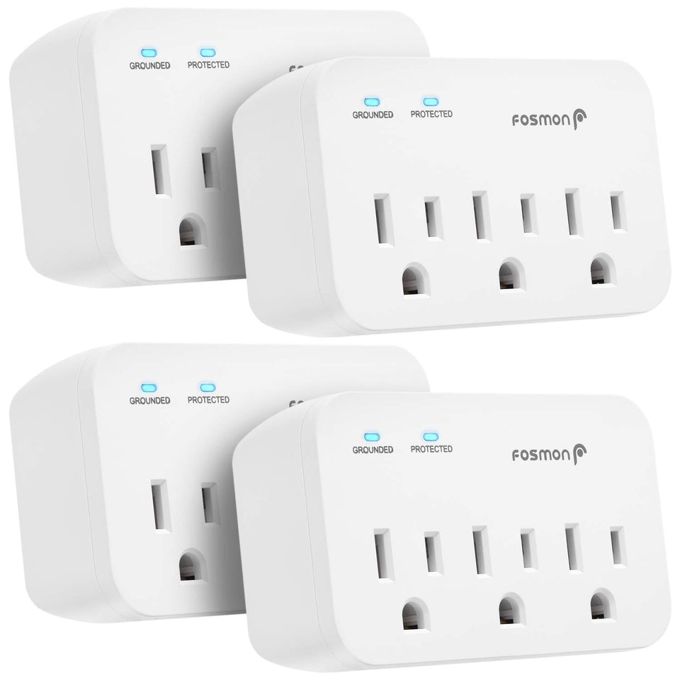 Fosmon front view of 3-outlet adapters showing compact design and utility