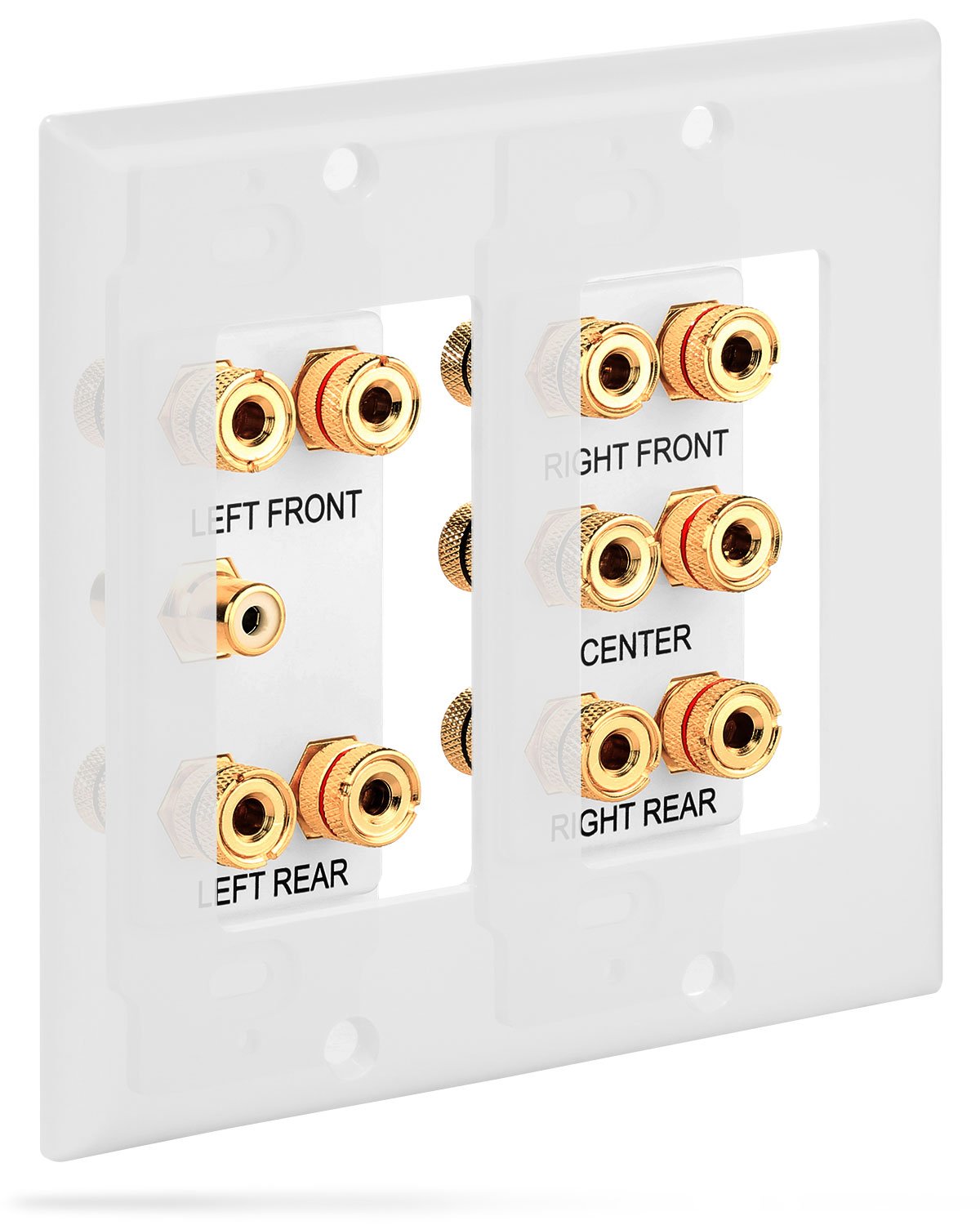 Front labeling on the Fosmon wall plate helps identify inputs at a glance