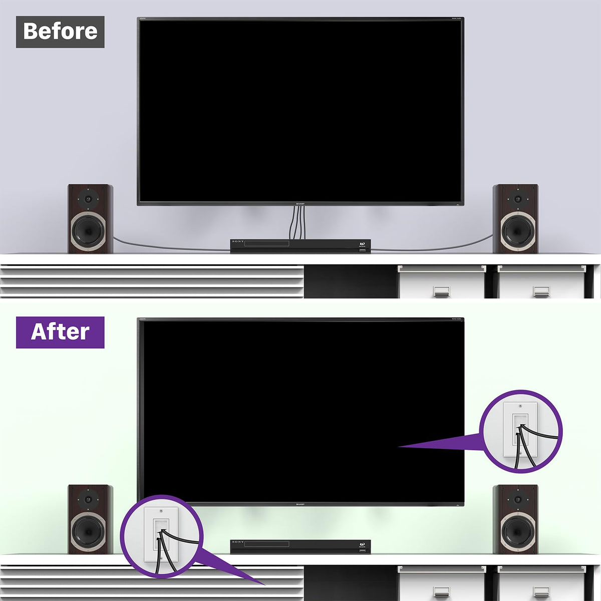 Fosmon in use with HDMI and coax showing organized AV cable routing benefit