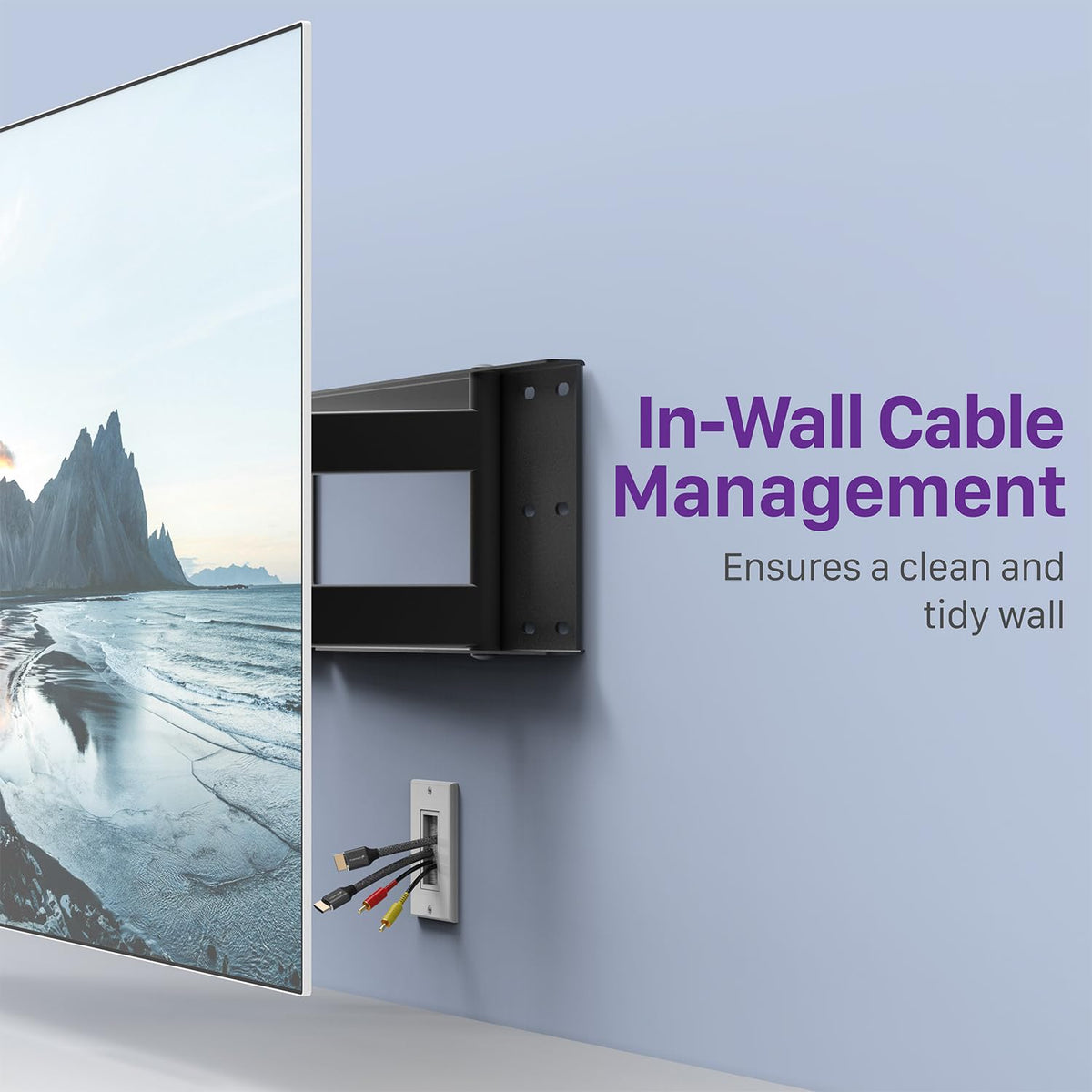 Fosmon plate mounted behind TV demonstrating tidy hidden cables benefit