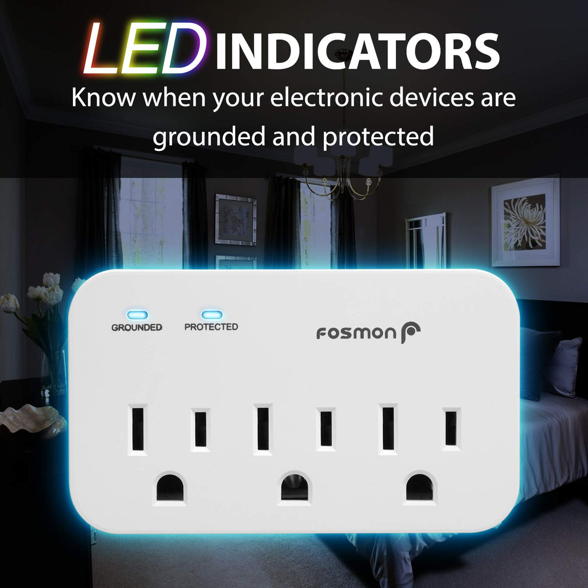 Fosmon detail of three grounded outlets providing secure appliance connections