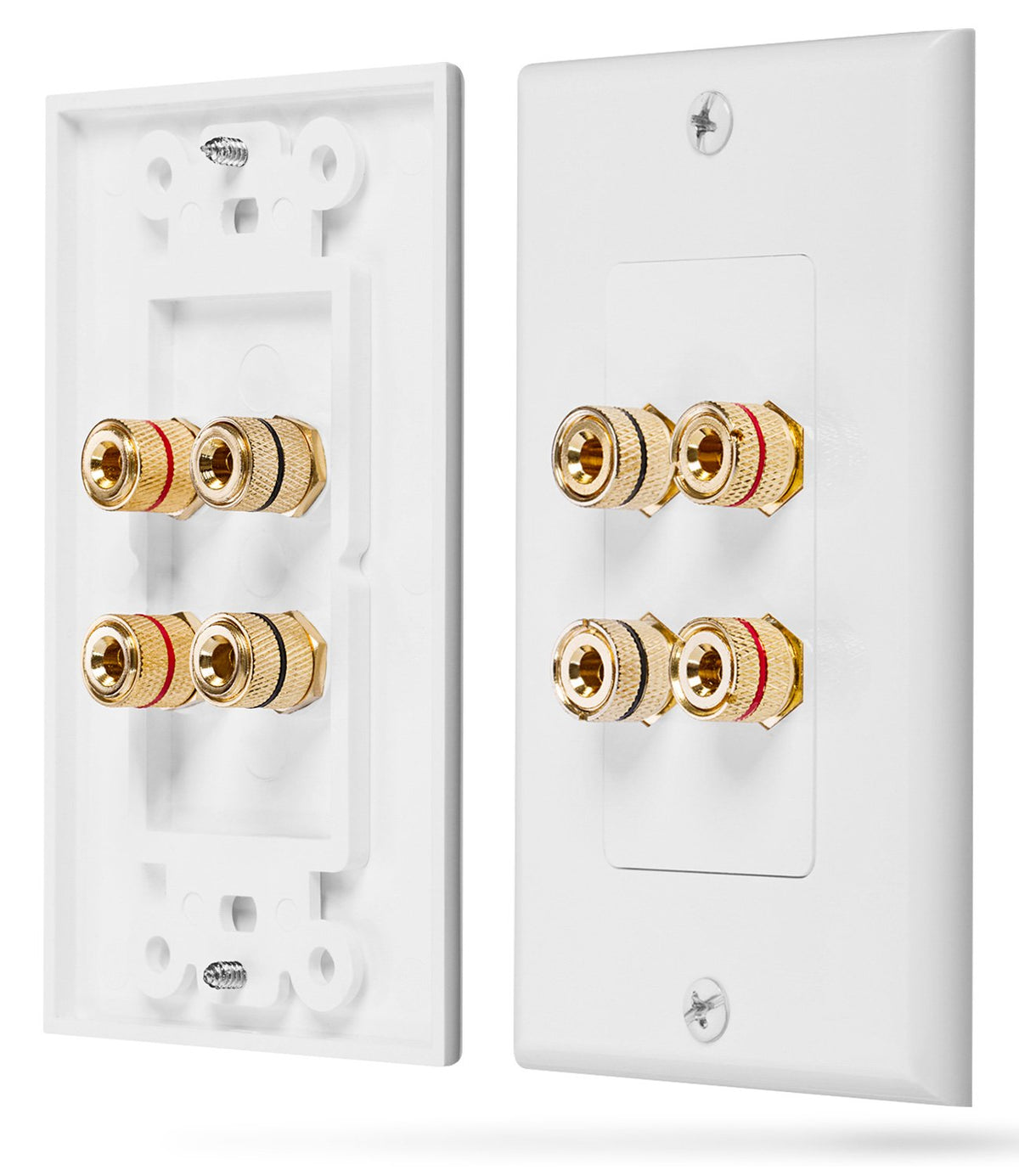 Fosmon wall plate front view showing two speaker connectors and clean finish