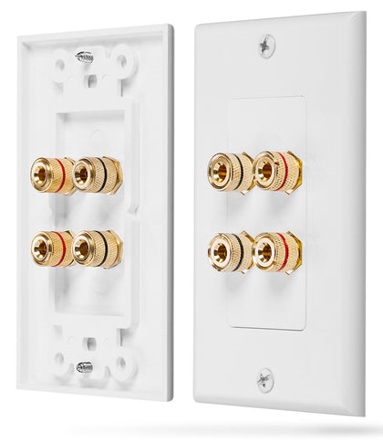 Fosmon wall plate front view showing two speaker connectors and clean finish