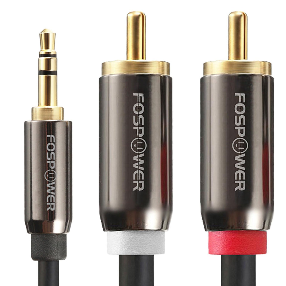 FosPower 3.5mm to RCA 25ft cable showing left and right outputs for versatile home audio setup