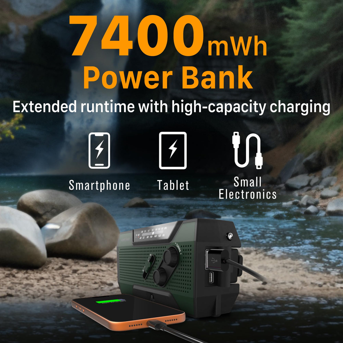 FosPower hand crank detail for manual power generation, guarantees power without mains