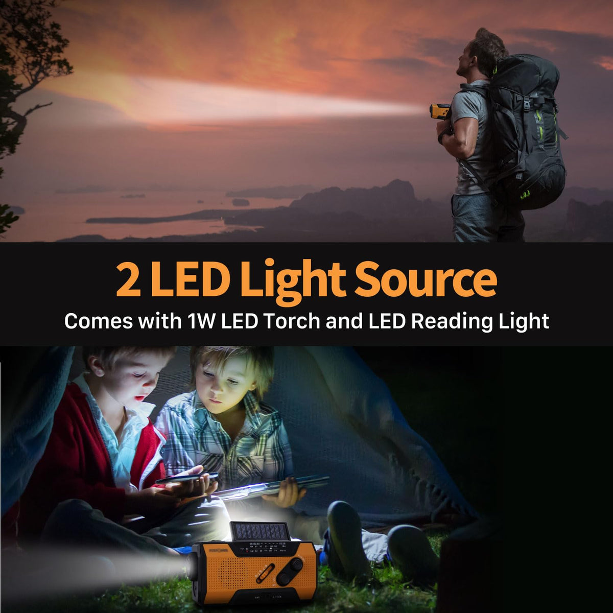 FosPower flashlight and 4-LED reading light illuminated for nighttime visibility